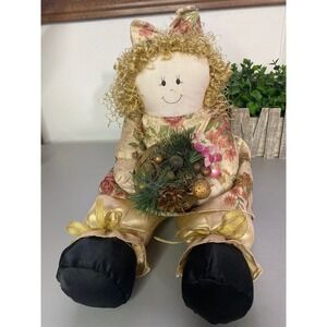 Decorative Sitting Doll Blonde Curly Hair Floral Dress Christmas Wreath